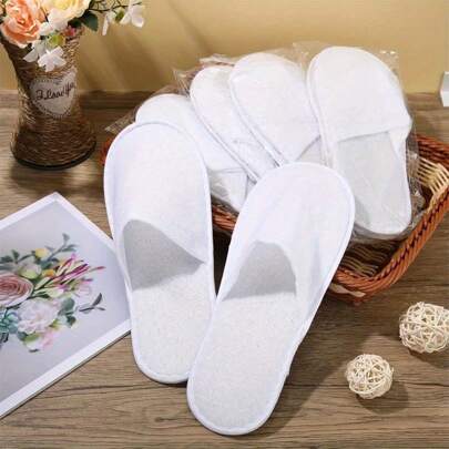 12pcs/Pack Disposable White Slippers, Unisex Spa Slippers, Bulk Hotel Slippers, For Guest Use, Non-Slip Sole, Closed Toe, Fluffy, No Power Needed, Suitable For Bathroom, Wedding, No Shoe Home