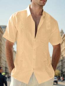 hoteel Mens Cotton Linen Guayabera Shirts Casual Button Up Short Sleeve Summer Beach Shirt - 米色 - 查看 1
