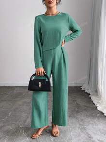 Women's Casual Elegant Set, Round Neck Long Sleeve Top And Pants 2 Pieces Set