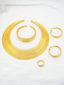 24K Gold-Plated Nigeria Traditional Jewelry Set, Including Necklace, Bracelet, Earrings, Ring For Wedding Bride - 24k Gold - View 2