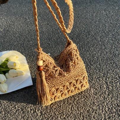Fashionable And Casual Summer Holiday Solid Color Grass Woven Bag With Tassel Tassel Decoration Zipper Style Women's Crossbody Grass Woven Bag For Vacation Holiday&For Honeymoon