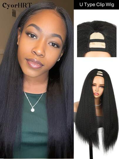 1-Pack 14/24inch Black Yaki Straight U-Part Wig High-Temp Synthetic Clip-In Hair Extension Straight Half Wig With Invisible Part Natural Look For Women Daily Wear & Holiday Parties