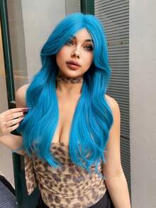 一片式合成耐热长卷发波浪头带刘海假发蓝色 28 英寸全编织日常自然逼真假发 - 藍色 - 查看 4