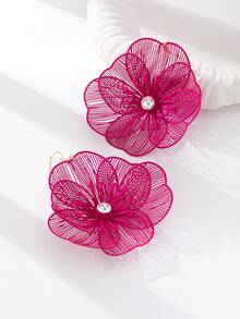 1 Pair Bright Pink Flower Earrings, Women's Spring/Summer Floral Jewelry Earrings - Hot Pink - View 2