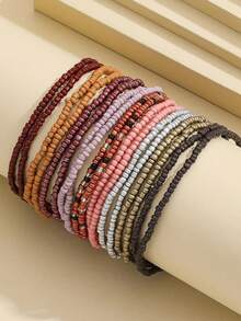 18件套波西米亚海滩风格多层弹性串珠脚链套装女士 - 咖啡 - 查看 3