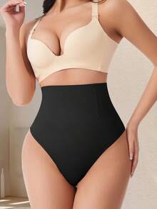 High Waist Seamless Thong Panties, Tummy Control Butt Lifting Shapewear Underwear - Black - View 8