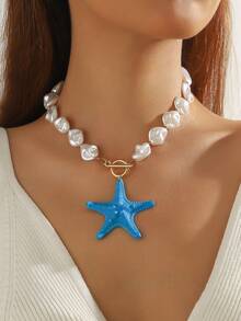 1件波西米亚风ABS塑料串珠珍珠树脂海星吊坠项链，配OT扣，可作礼物或日常佩戴 - 樹脂海星珍珠項鍊 - 查看 4