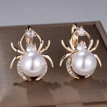 1 par de exquisitos pendientes dorados de araña con circonita cúbica blanca y perla falsa, un regalo de joyería para mujeres y niñas, regalo de cumpleaños
