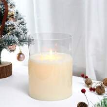 3 Wick Flameless Glass Candle, Glass Cylinder LED Candle With 6-Hour Timer Function Electric Candles Battery Table Candle For Decoration Table Living Room Bedroom Garden (White, Large) - White - View 6