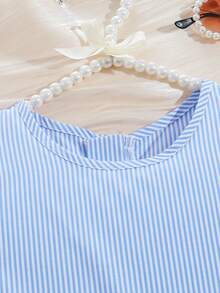 Teenage Girls' Casual Striped Jumpsuit With Ruffle Sleeves, Waist Belt Design, Back Hidden Zipper For Easy On-Off, Suitable For Outdoor, Vacation, Casual Wear - Blue - View 2