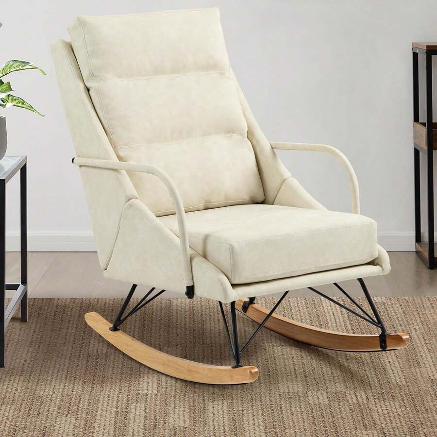 Rocking Chair Upholstered Glider Rocker With Padded Seat And High Backrest Safe And Comfy Armchair Modern Accent Recliner Chair For Living Room Nursery Bedroom Office - Beige - Bekijken 1