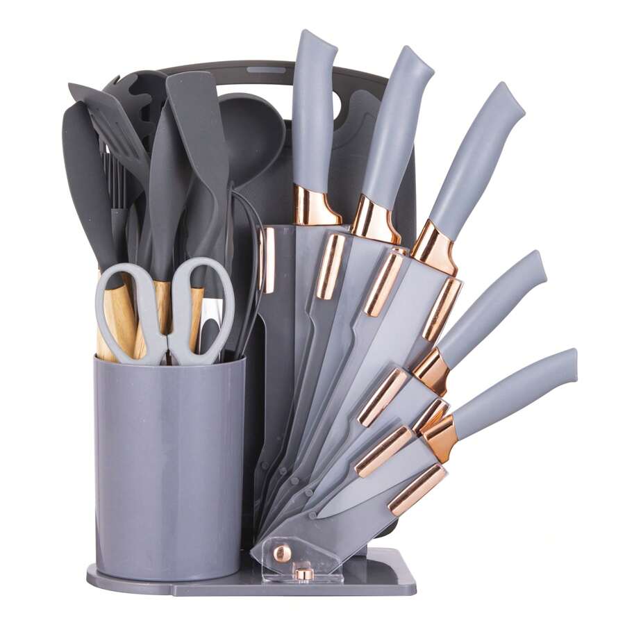 19pcs Premium Silicone Kitchen Utensil & Knife Set - Heat-Resistant, Non-Stick Safe Cooking Tools With Wooden Handles & Chef Knives - Includes Storage Stand - Perfect Gift For Juneteenth