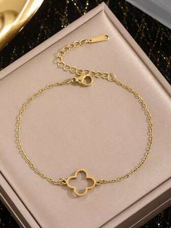 سوار من الفولاذ المقاوم للصدأ بتصميم زهرة رباعية الأوراق مجوفة بتصميم بسيط، مناسب للاستخدام اليومي للنساء أو كهدية لعيد الأم