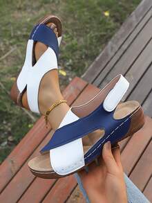 Women's Stylish Summer Platform Sandals - Easy To Wear, Thick Bottom, Open Toe, Soft PU Cover, Black & White Non-Slip Beach Shoes, Slip-On Hook And Loop Casual Sandals - White Blue - View 1