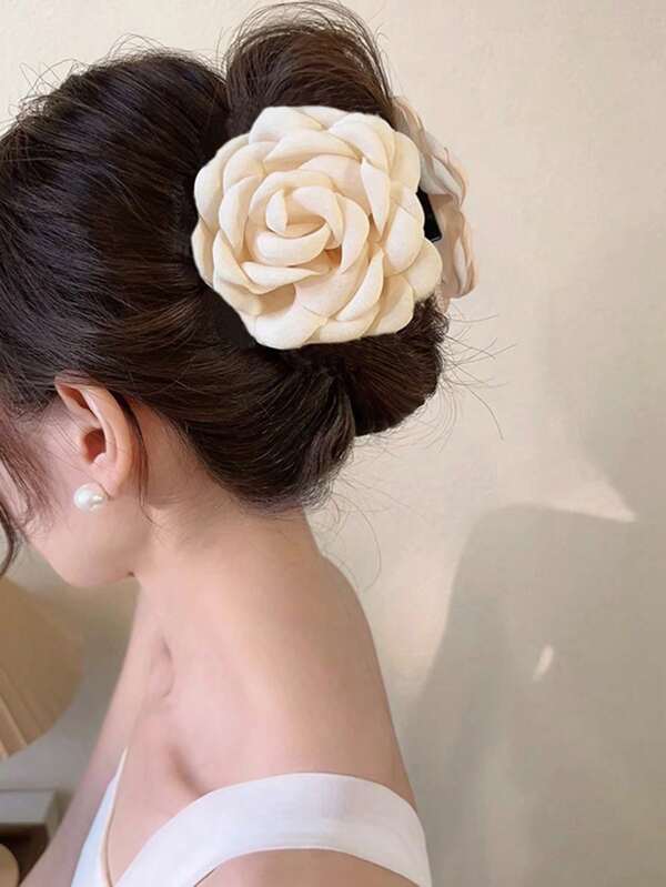 topshiny 1 pieza Pinza de pelo con flores de rosa de tela beige multicapa de 9cm para mujer, elegante pinza para el moño adecuada para uso diario, pinzas de pelo, pinzas de garra, pasadores de pelo, pinzas de pelo, agarraderas de pelo, recogedor de pelo