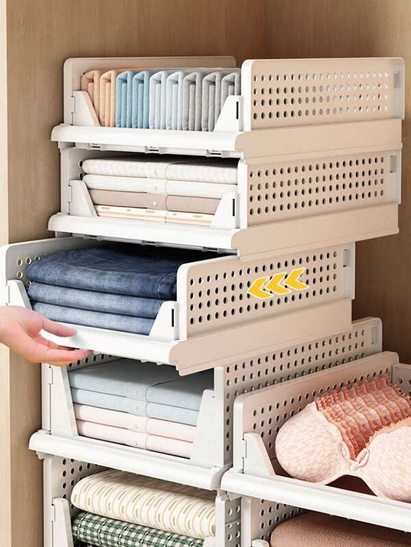 1pc Stackable Plastic Storage Basket Rack Box, Suitable For Wardrobe, Cabinet, Foldable Clothes Drawer Storage Box For Kitchen, Bathroom, Bedroom, Office