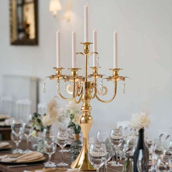 Suport pentru lumânări cu pandantiv de cristal cu 5 brațe / Candelabre metalice moderne de 20 inchi / Piesă centrală de lux pentru decorarea petrecerii de nuntă / Decorare elegantă a mesei pentru mese și evenimente acasă