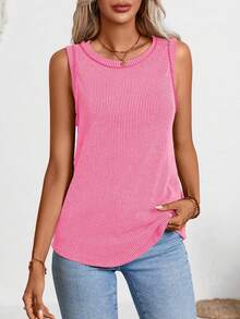 Women's Crew Neck Ribbed Top (Summer Edition) Casual - Hot Pink - View 4