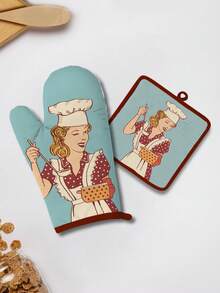 耐热烤箱手套和锅垫套装、妈妈图案卡通围裙微波炉手套、涤纶面料加厚双层隔热厨房烹饪手套和垫子、多功能家用炊具套装 - 藍色 - 查看 9