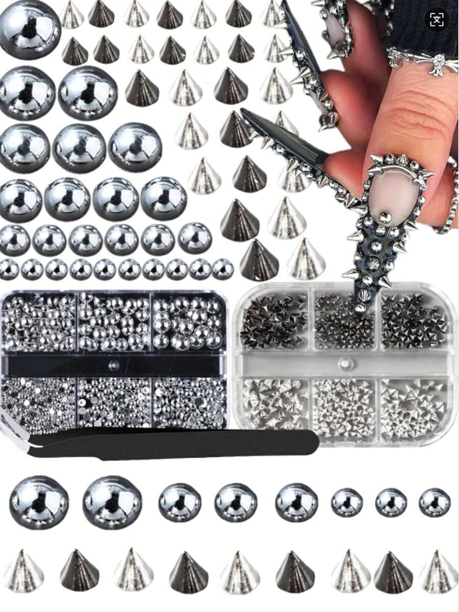 2 Hộp Trang Trí Móng Tay Phong Cách Punk Y2K, Đinh Tán Kim Loại Nhiều Kích Cỡ, Hình Nón, Hợp Kim Đen/Bạc/Vàng, Đinh Tán Móng Tay 3D Thời Trang, Phụ Kiện Đá Trang Trí Móng Tay - Nhiều màu - Xem 1
