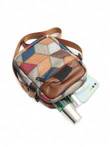 Bolsa a Tiracolo Quadrada Pequena Leve de Patchwork com Cores Contrastantes, Bolsa Transversal Essencial de Moda para Homens em Negócios