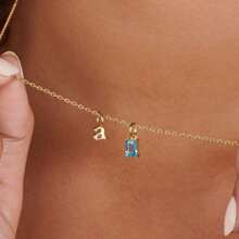 CIREY 18K Gold Plated Rectangle Birthstone Pendant Necklace With Colorful Cubic Zirconia For Women, Titanium Steel