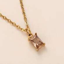 CIREY 18K Gold Plated Rectangle Birthstone Pendant Necklace With Colorful Cubic Zirconia For Women, Titanium Steel