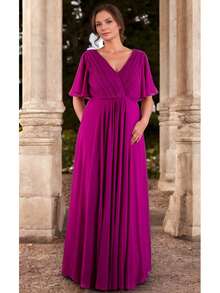 Maxi vestido color bugambilia tallas extras con manga y escote en v Liso Elegante Fiesta Plisado Fruncido Envolvente - Púrpura malva - Ver 3