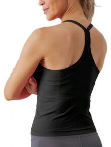 Workout Tops Women With Built In Bra, Sleeveless Gym Tops Seamless Racerback Athletic Yoga Shirts, Activewear - 黑色 - 查看 1