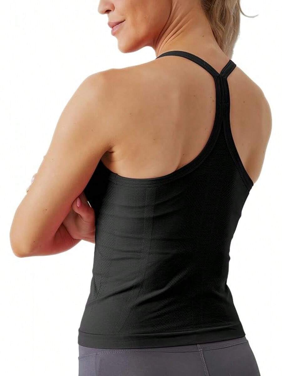 Workout Tops Women With Built In Bra, Sleeveless Gym Tops Seamless Racerback Athletic Yoga Shirts, Activewear - 黑色 - 查看 1