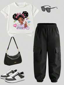 Tween Girl Cartoon Pattern Printed Short Sleeve Top And Cargo Pants - White - View 2