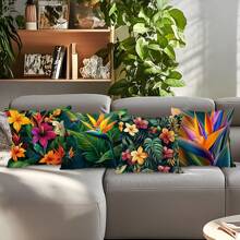 4 pièces Ensemble de housses de coussin imprimées de plantes tropicales et de fleurs, 45 cm x 45 cm, imprimé sur un seul côté