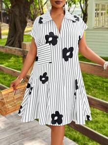 BIUBIU Robe mi-longue évasée Femme grande taille élégante et imprimée de fleurs et rayures, col châle, fente. Convient pour le voyage quotidien, le rendez-vous, les vacances - Rayures blanches - Voir 4