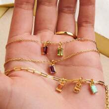 CIREY 18K Gold Plated Rectangle Birthstone Pendant Necklace With Colorful Cubic Zirconia For Women, Titanium Steel