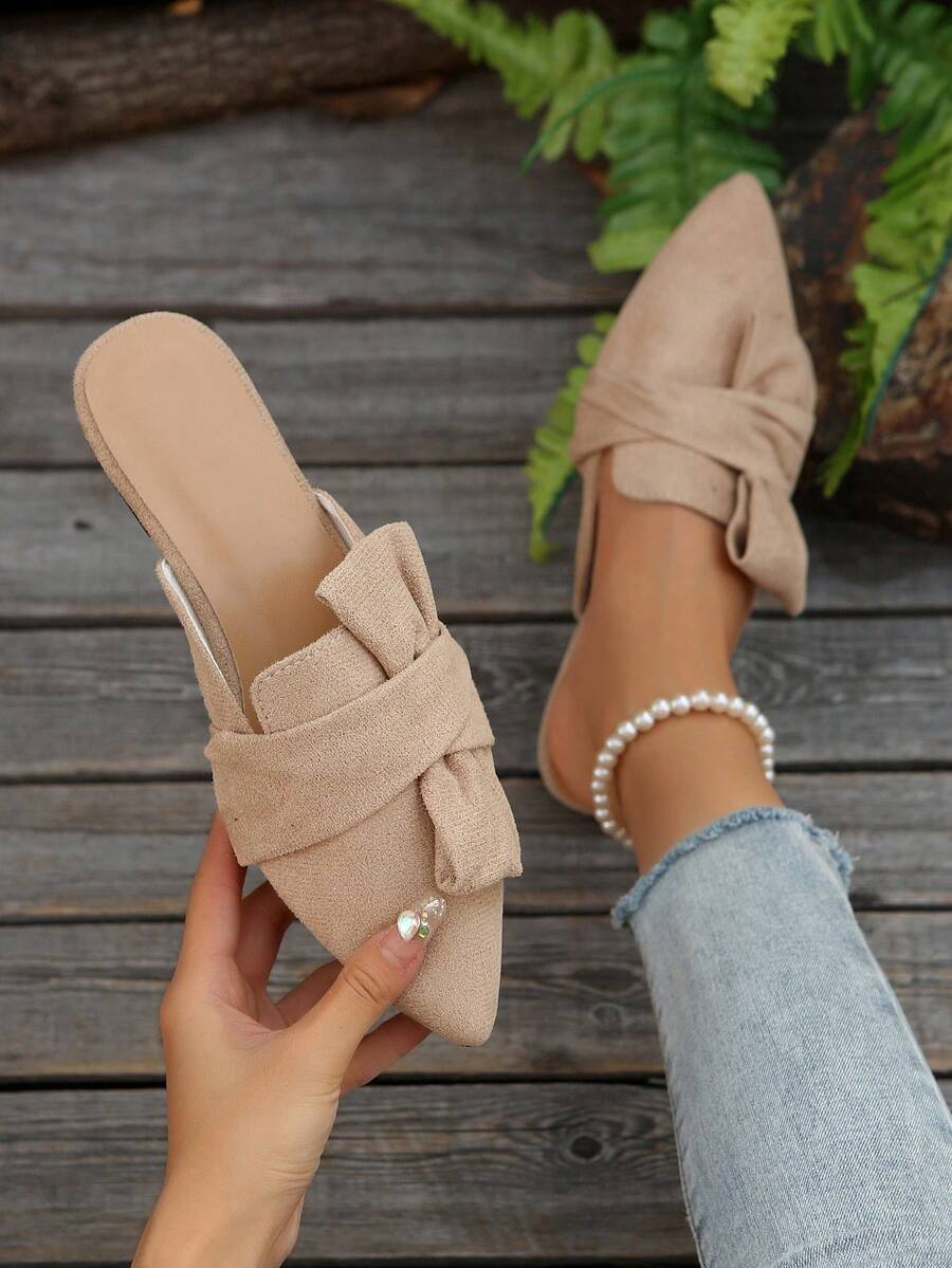 2025 Autumn Khaki Half-Covered Mule Shoes, Pointed Toe Women Backless Loafers With Bowknot Decoration, Elegant & Versatile Slip-On Flat Shoes For All Seasons - Khaki - View 1