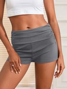 Women Mini Shorts Solid Color Ruched Low Rise Tight Shorts Casual Booty Shorts Summer Streetwear - Dark Grey - View 3