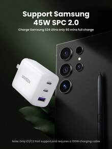 UGREEN 65W 快速充电器 3 端口 C 型 PD 兼容 S24 Ultra 平板电脑兼容 16/15/14 Pro Max 充电器支持 SFC 2.0 超级快速充电高输出功率 - 白色 - 查看 3