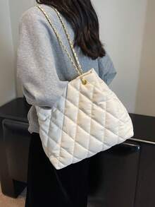 Large Capacity Fashion Tote Bag With Quilted Embroidery, Soft Padded, Winter Chain Strap Shoulder/Crossbody Bag For Women - White - View 5