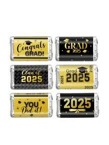 30pcs/5sheets Black & Golden Class Of 2025 Graduation Mini Candy Bar Wrapper, Congrats Mini Chocolate Bar Label Stickers, Grad Party Favor, Graduation Party Decoration, No Candy - Multicolor - View 11