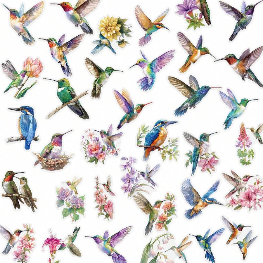 50Pcs Bird Stickers Transparent Stickers Aesthetic Stickers Colored Stickers Floral Stickers Vinyl Stickers Stickers For Water Bottle, Hydroflask, Guitar, Luggage, Phone, Case, Laptop, Skateboard, Gift,School Supplies,Back To School