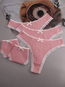 5件套女士卡其色罗纹可爱蝴蝶结蕾丝边性感T型背心内裤 - 卡其色 - 查看 3