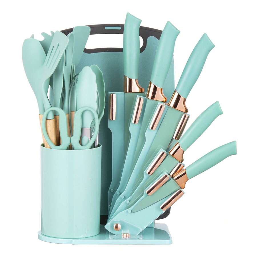 19pcs Premium Silicone Kitchen Utensil & Knife Set - Heat-Resistant, Non-Stick Cooking Tools With Wooden Handles & Chef Knives - Includes Storage Stand - Perfect Gift For Juneteenth - Green - View 1