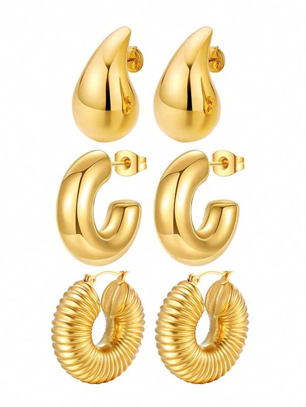 3pairs Luxury Stainless Steel Exaggerated Water Drop Stud Earrings Set, Suitable For Wear And Gift Giving