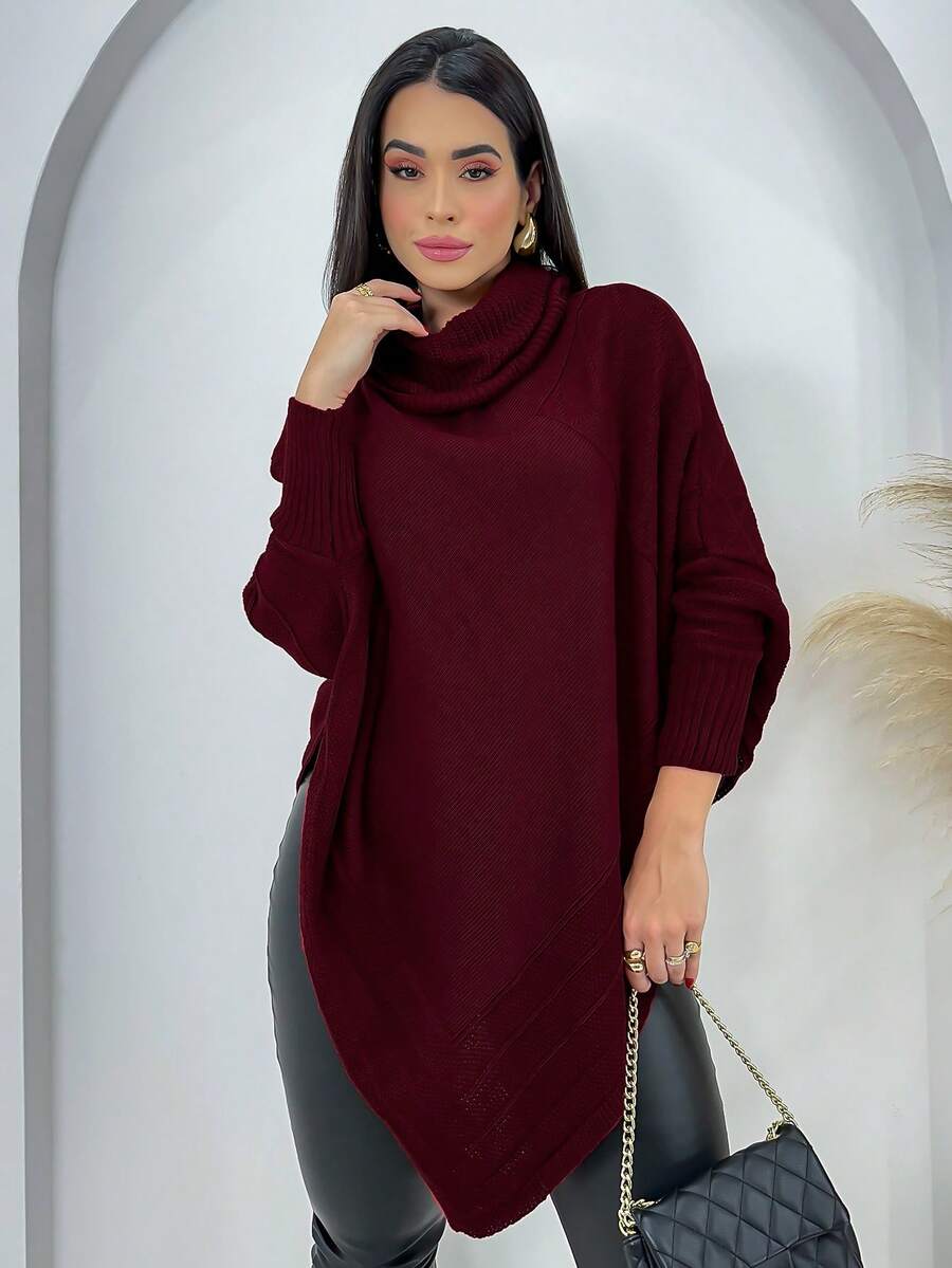 Swisz Women's Winter Poncho Knit Long Sleeve V-Neck Sweater With Scarf - Burgundy - View 1