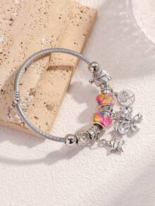 Popular Classic Silver Stainless Steel Bracelet Exquisite Pendant Alloy Adjustable Couple Bracelet - Hồng -2 - Xem 3