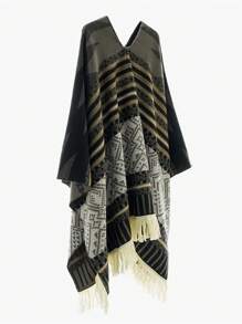 1pc Men's Striped Totem Travel Wrap Shawl With Tassels, Warm Patterned Poncho For Photography & Casual Wear