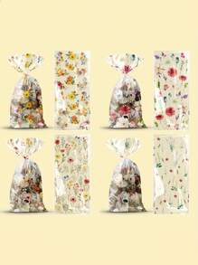 50pcs Floral Cellophane Treat Bags - Clear Plastic Goody Bags With Twist Ties, Assorted Wildflower & Teddy Bear Designs For Bridal Showers, Birthdays, Weddings, And Party Favors, Biscuit Self-Sealing Bag, Food Packaging Bag, Packaging Bag (4 Styles Mixed)
