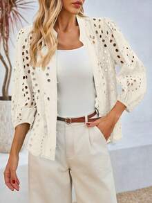Womens Eyelet Blouse Deep V Neck 3/4 Balloon Sleeve Cotton Button Down Shirt - 白色 - 查看 1