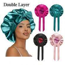 Satin Bonnet Silk Bonnet For Sleeping Double Layer Satin Lined Hair Bonnet With Tie Band Bonnets For Women Natural Curly Hair - Strawberry Blue - View 3