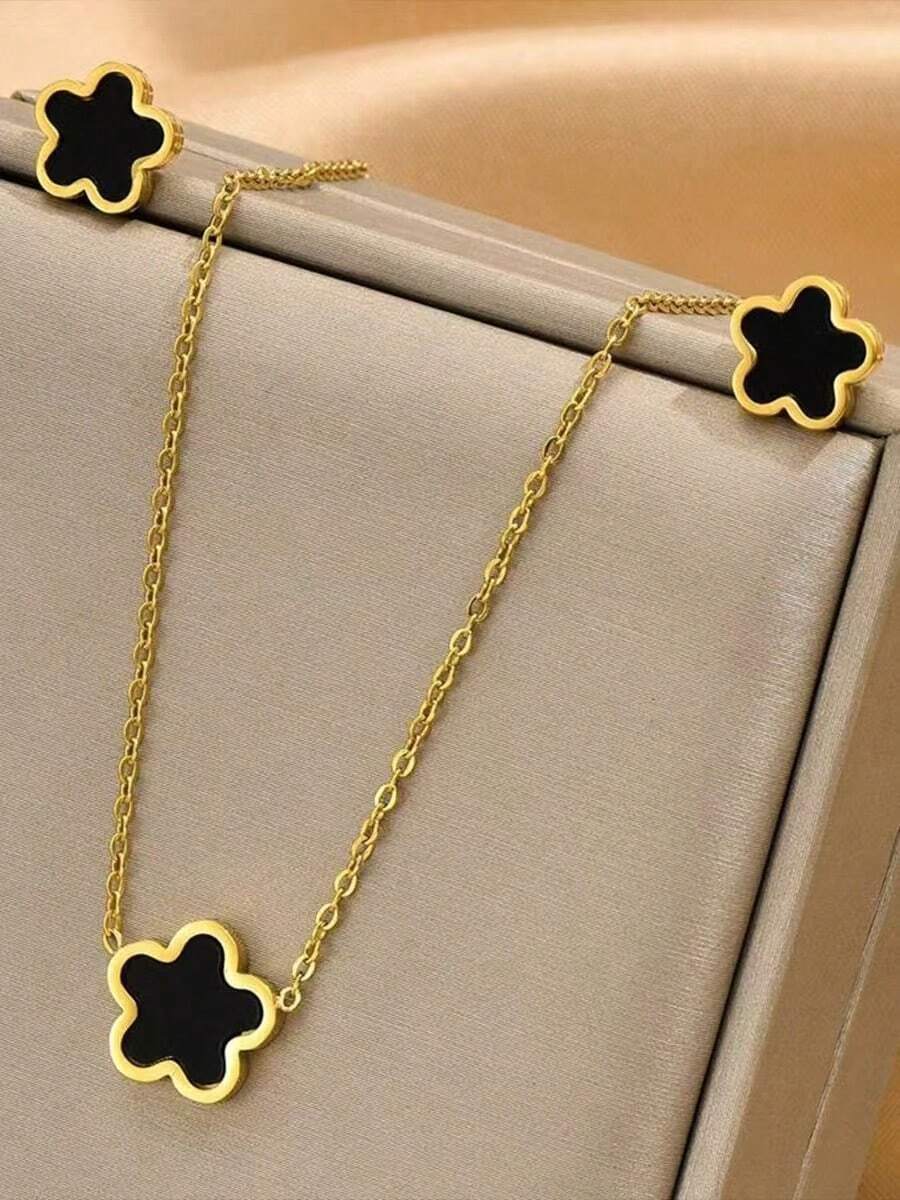 3pcs/Set Gold Stainless Steel Black Flower Necklace, Earrings, Bracelet, Fashion Personalized Retro Sweet Design Versatile For Men/Women Couples Wearing To Street, Party, Daily - Gold - View 1